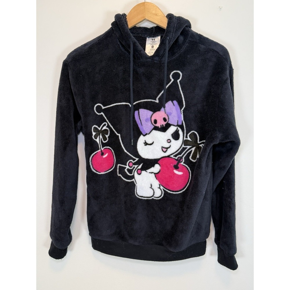 Kuromi Hoodie Womens Small Black Plush Fleece Pullover Sanrio Cherry Soft Cozy
